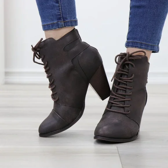 Lace-Up Brown Block Cone High Heeled Ankle Boots Pointed Toe - Picture 9 of 10